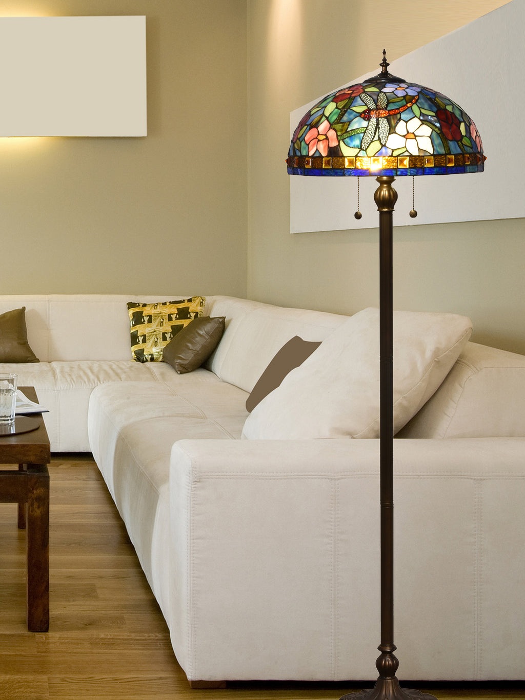 Dale Tiffany Josef Tiffany Floor Lamp - Stained Glass Josef Tiffany Floor Lamp Turned On Room Setting
