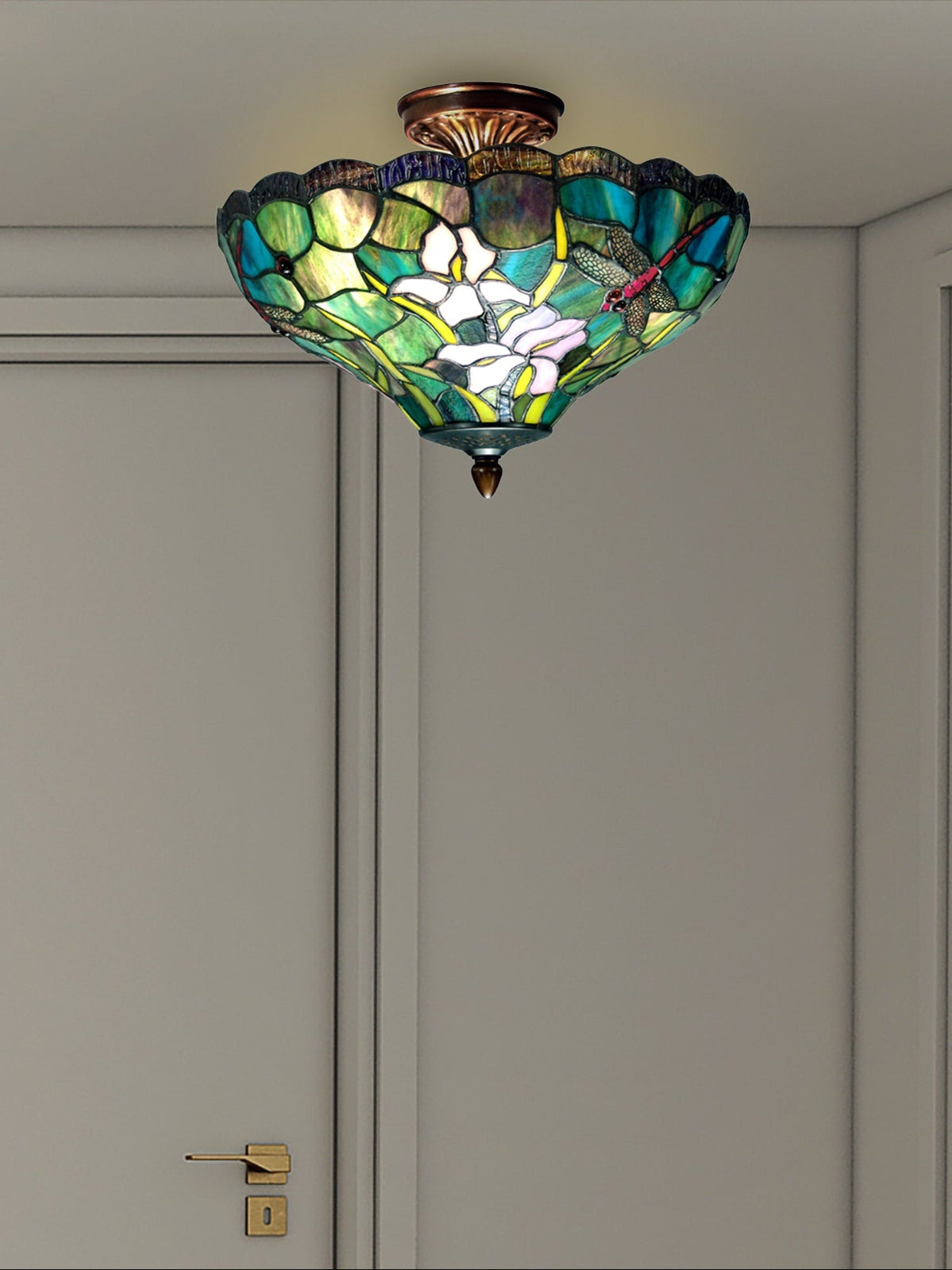 Dale Tiffany Savannah Dragonfly Flush Mount - Stained Glass Savannah Dragonfly Flush Mount Room Setting