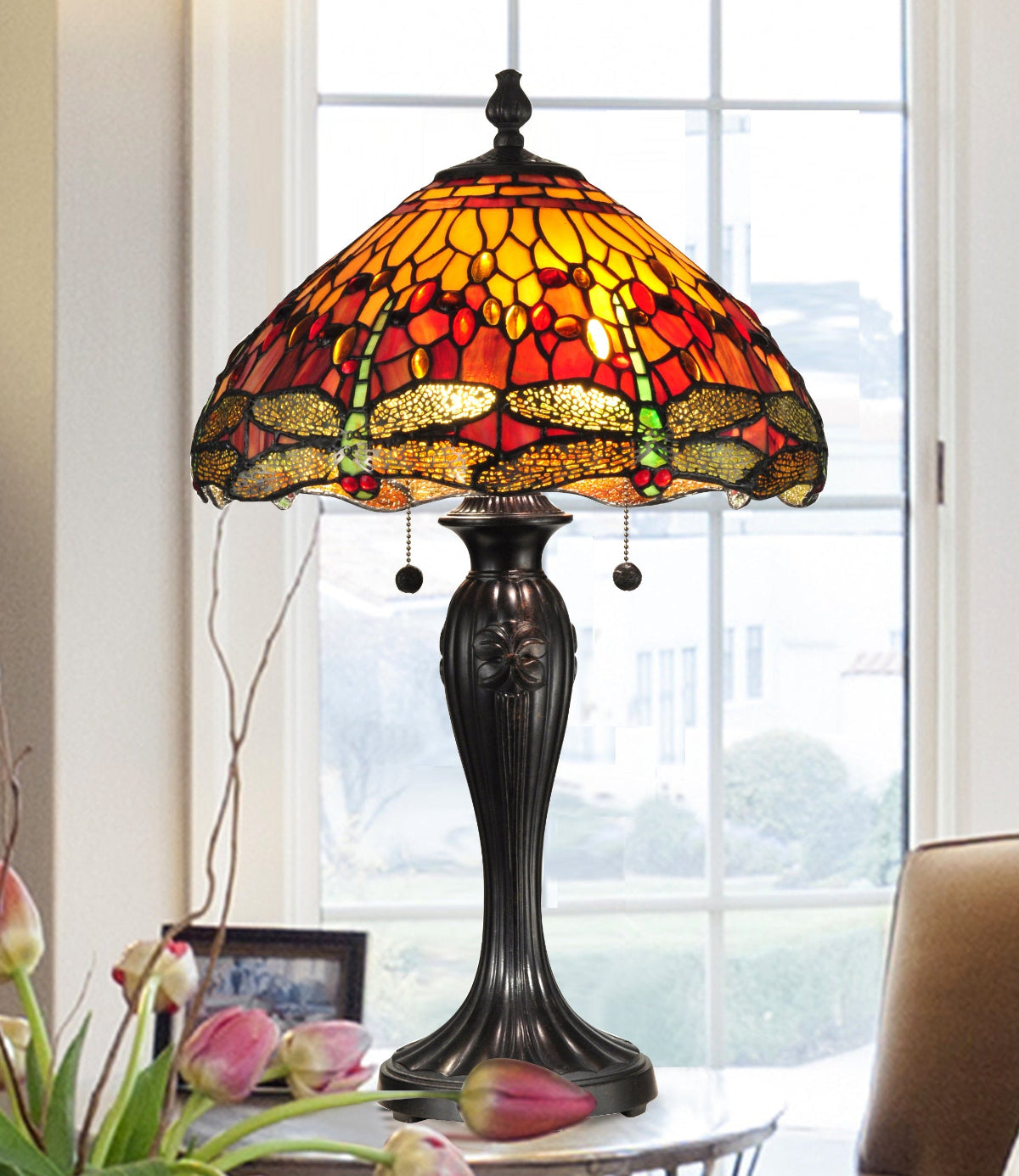 Dale Tiffany Reves Dragonfly Table Lamp - Stained Glass Reves Dragonfly Table Lamp Turned On Room Setting