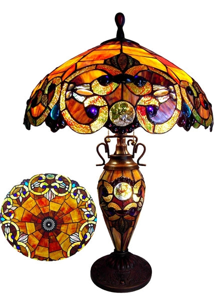 Chloe Amber/Bronze Double-Lit Carousel Table Lamp Stained Glass
