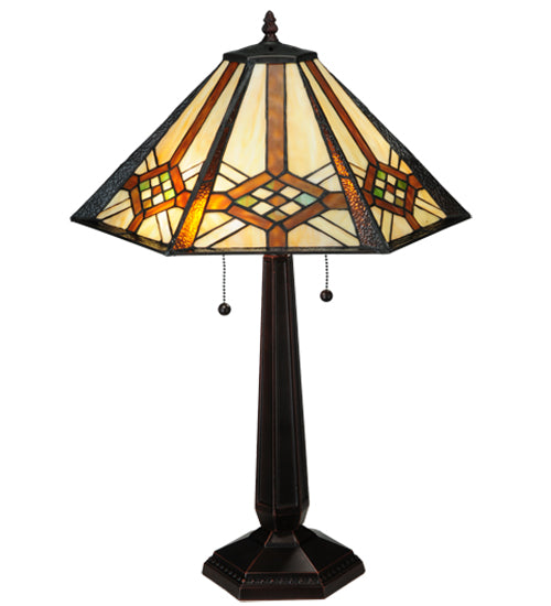 Meyda Tiffany Cross-Hairs Table Lamp - Stained Glass Cross-Hairs Table Lamp Turned On