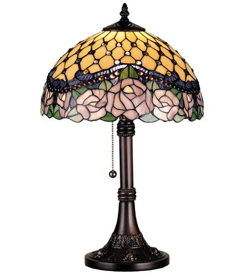 Meyda Tiffany Jeweled Rose Table Lamp - Stained Glass Jeweled Rose Table Lamp Turned On