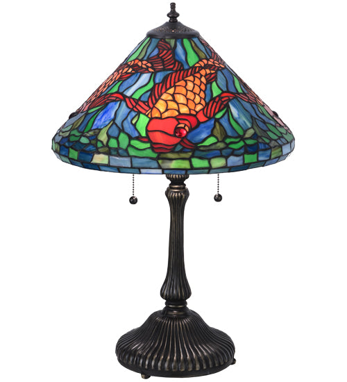 Meyda Tiffany Koi Table Lamp - Stained Glass Koi Table Lamp Turned On