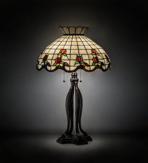 Meyda Tiffany Crowned Rosebud Table Lamp - Stained Glass Crowned Rosebud Table Lamp Turned On Room Setting