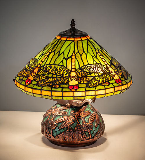 Meyda Tiffany Dragonfly Table Lamp with Mosaic Base - Stained Glass Dragonfly Table Lamp with Mosaic Base Turned On Room Setting