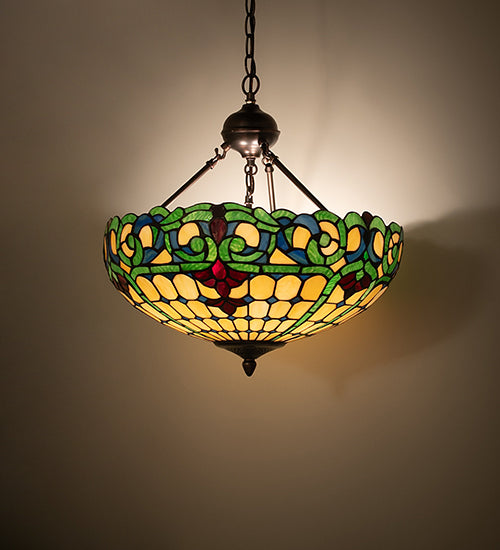 Meyda Tiffany Colonial Inverted Pendant - Stained Glass Colonial Inverted Pendant Turned On Room Setting