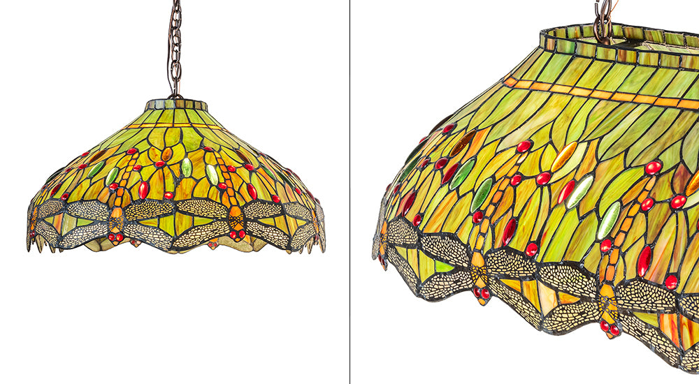 Meyda Tiffany Hanging Head Dragonfly 40" Billiards Lamp - Stained Glass Hanging Head Dragonfly 40" Billiards Lamp Side And Front Angle 