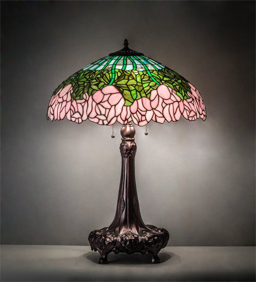 Meyda Tiffany Cabbage Rose Table Lamp - Stained Glass Cabbage Rose Table Lamp Turned On Room Setting