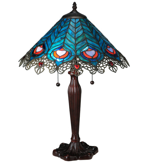 Meyda Tiffany Peacock and Lace Table Lamp - Stained Glass Peacock and Lace Table Lamp Turned On 