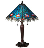 Meyda Tiffany Peacock and Lace Table Lamp - Stained Glass Peacock and Lace Table Lamp Turned On 