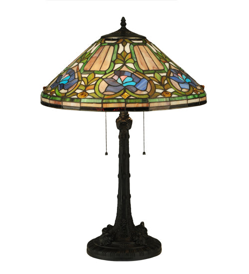 Meyda Tiffany Floral Table Lamp - Stained Glass Floral Table Lamp Turned On